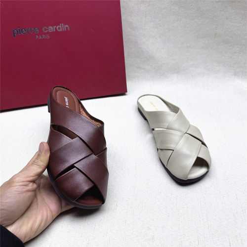 皮尔卡丹正品撤柜百搭舒适软底软面女鞋夏季新款牛皮编制包头拖鞋