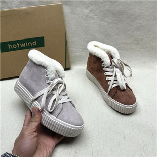 靴女冬季 商场撤柜正品 时尚 厚底圆头交叉绑带时装 织物加绒短靴 新款