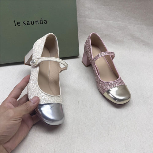le saunda/莱尔斯丹5M撤柜法式方头粗跟玛丽珍女鞋春新款织物单鞋