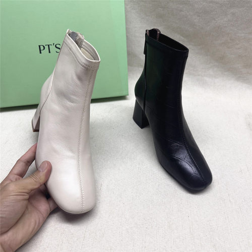 PT'SON/百田森正品撤柜粗跟圆头时装靴女新款羊皮后拉链舒适短靴