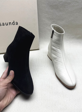 le saunda/莱尔斯丹正品撤柜方跟圆头时装靴女秋冬新款牛皮短筒靴