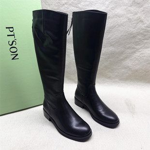 PT'SON/百田森撤柜方跟圆头高筒骑士靴女新款牛皮后拉链长靴