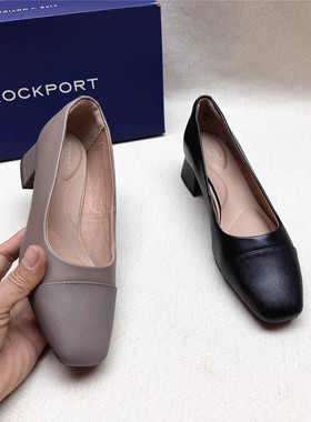 Rockport/乐步正品撤柜粗跟方头时装鞋女新款牛皮浅口一脚蹬单鞋M