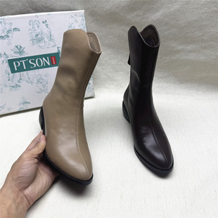 靴女秋冬新款 撤柜粗跟尖头舒适时装 百田森正品 后拉链短靴 SON