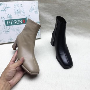 靴女秋冬新款 粗跟方头时装 百田森撤柜正品 真皮加绒短筒靴 SON