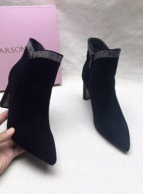 Harson/哈森正品撤柜水钻尖头高跟时装靴女秋冬新款真皮加绒短靴