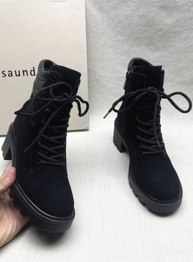 le saunda/莱尔斯丹正品撤柜粗跟马丁靴女秋冬新款反绒皮加绒短靴