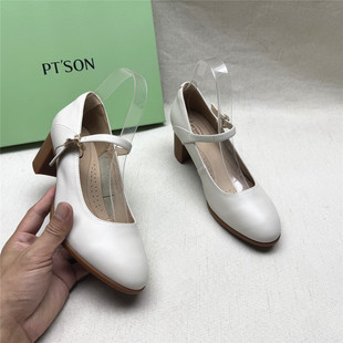 SON 真皮浅口单鞋 百田森撤柜正品 女新款 百搭粗跟圆头玛丽珍鞋