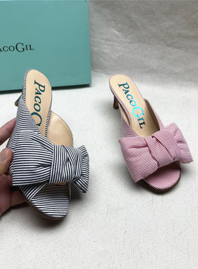 PACO GIL帕克吉尔撤柜正品时尚蝴蝶结露趾凉拖鞋女新款织物一字拖