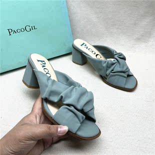 GIL帕克吉尔撤柜正品 新款 时尚 女夏季 一字拖 粗跟交叉带凉拖鞋 PACO