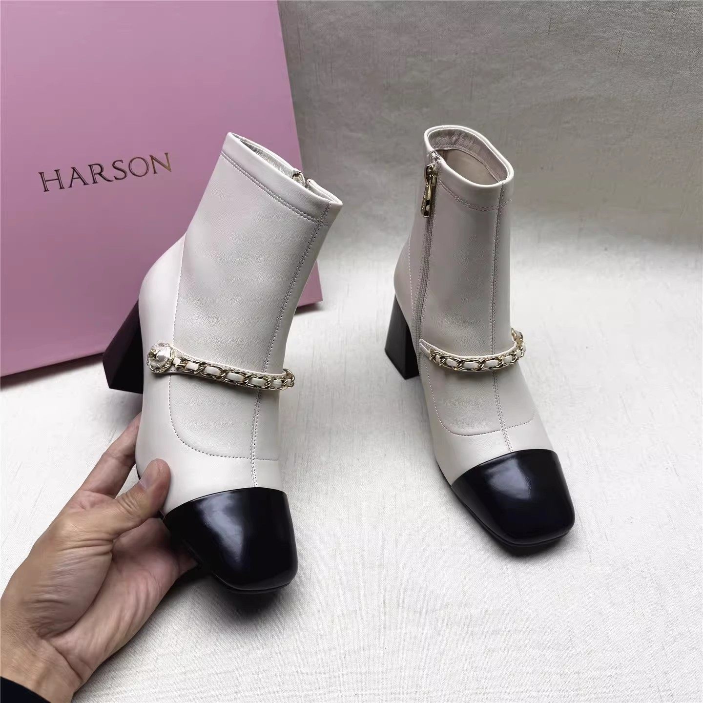 36码Harson/哈森撤柜粗跟圆头玛丽珍时装靴女秋冬款真皮拼色短靴,女鞋,时装靴,淘宝优惠券,粉丝福利购,淘宝优惠卷