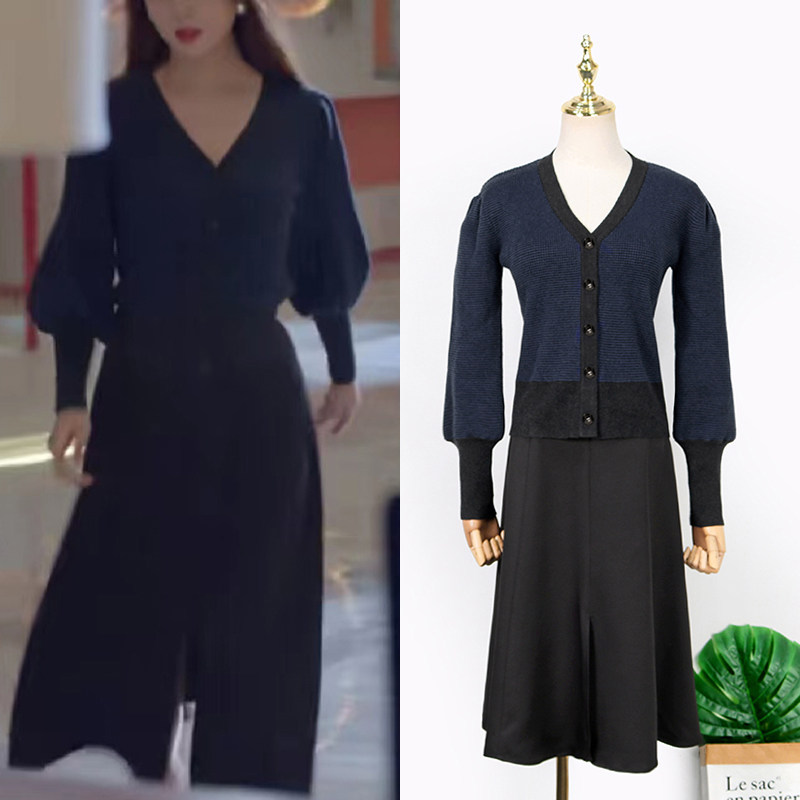 殷桃康子由同款早秋衣服黑色V领毛衣女修身针织开衫外套春