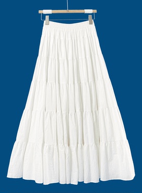 法式纯棉显瘦长半身裙时尚加长白色秋冬超大摆松紧腰百搭垂感日常