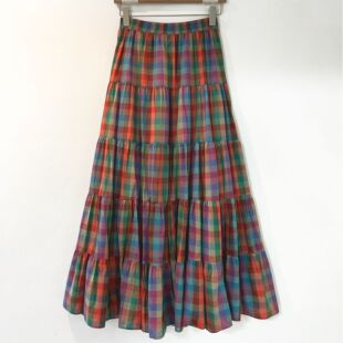 半裙格子拼接显瘦韩版 百搭松紧腰A字5节蛋糕及地长半身裙 格纹时尚