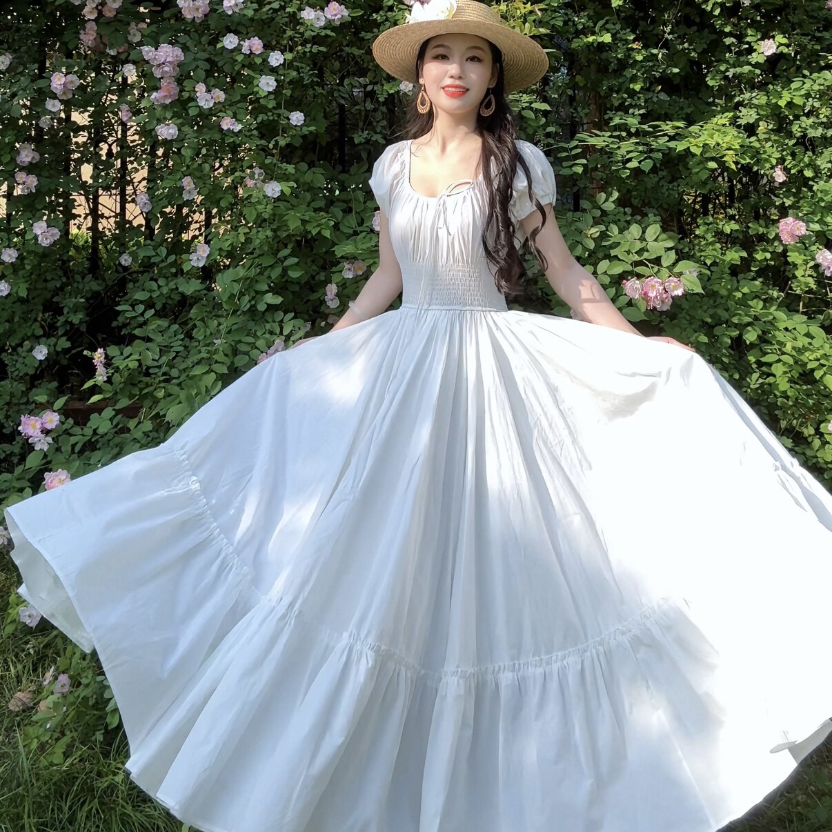 文艺大摆女裙2026春夏新款法式复古收腰显瘦纯棉连衣裙大摆裙长裙