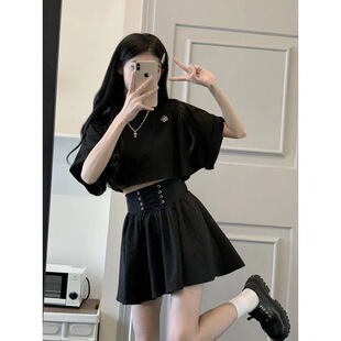 小个子潮 套装 两件套束腰设计感拼接收腰抽绳半裙 黑T松紧绑带裙裤