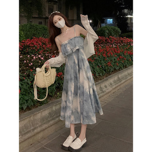 设计感晕染连衣裙夏季套装女抹胸吊带裙2023新款防晒小开衫两件套