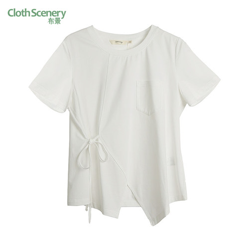 布景短袖T恤女春季新品简约圆领纯色不对称开叉设计上衣1922