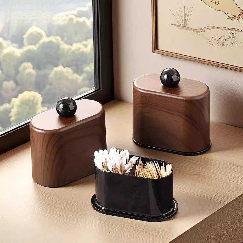 中古风胡桃木纹牙签盒棉签牙线家用客厅分格牙签桌面茶几防尘收纳,收纳整理,牙签盒,淘宝优惠券,粉丝福利购,淘宝优惠卷