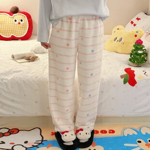 加绒新款毛绒可爱睡裤女孩裤子牛奶绒大童初中学生女款珊瑚绒秋冬
