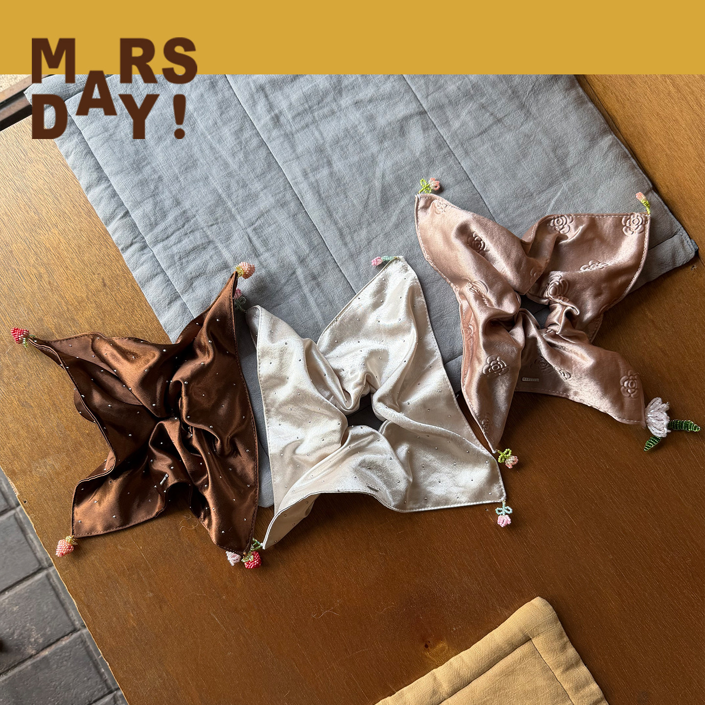 MARSDAY 方巾发圈文艺雅致缎面头绳发饰串珠发圈