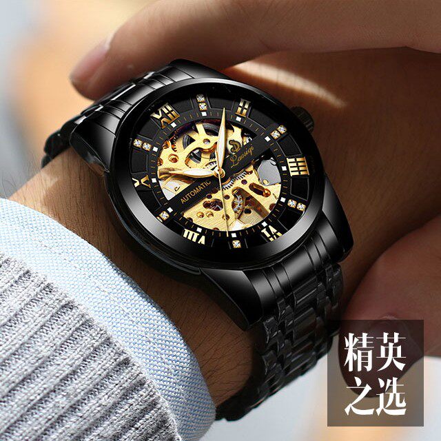 劳思琪全自动系列霸气黑金男士夜光机械表