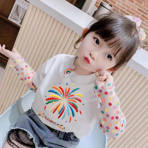 女童网纱拼接假两件T恤女宝宝2026夏装新款儿童防晒薄款烟花上衣