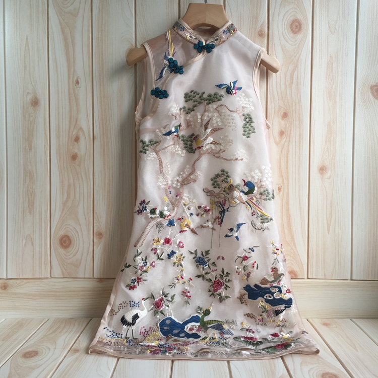 名媛风新款重工刺绣无袖a字旗袍