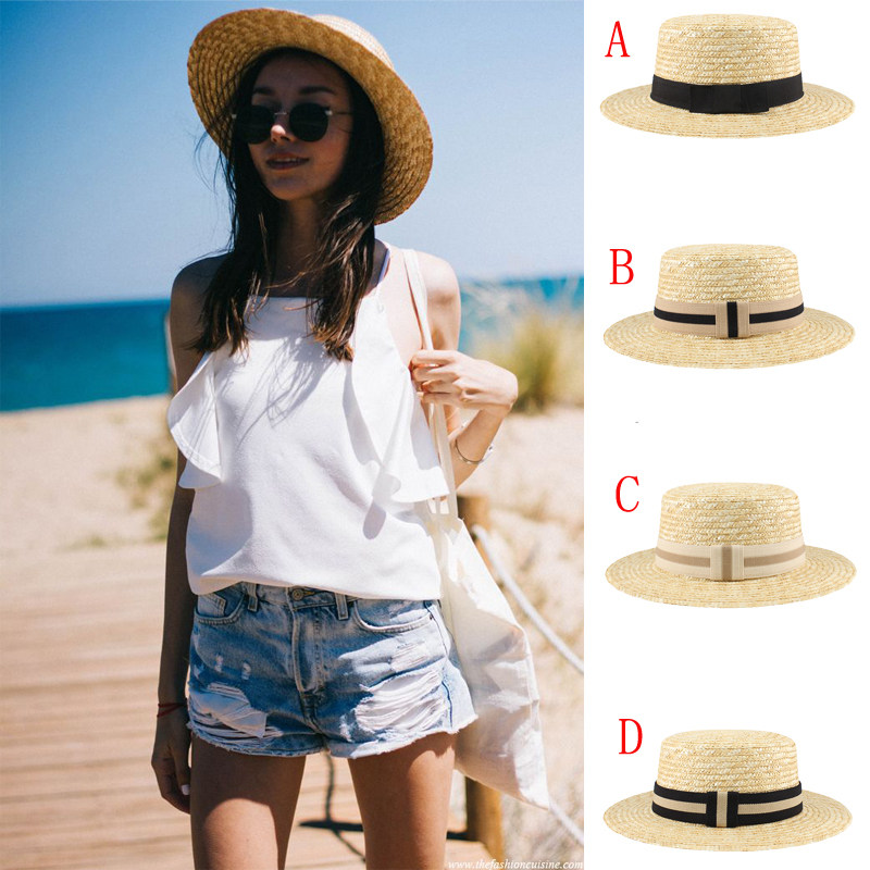 春夏季男女同款麦秆草帽宽檐遮阳防晒太阳帽平顶平檐礼帽沙滩海边