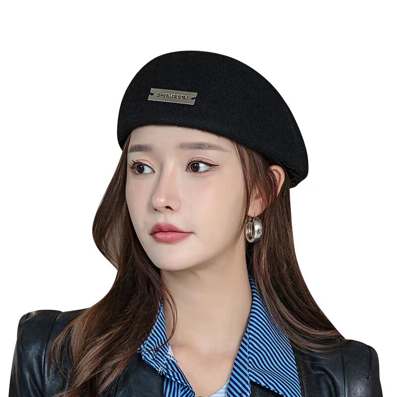 春秋冬季女士保暖贝雷帽柔软经典复古时尚优雅礼帽纯色潮流日韩帽