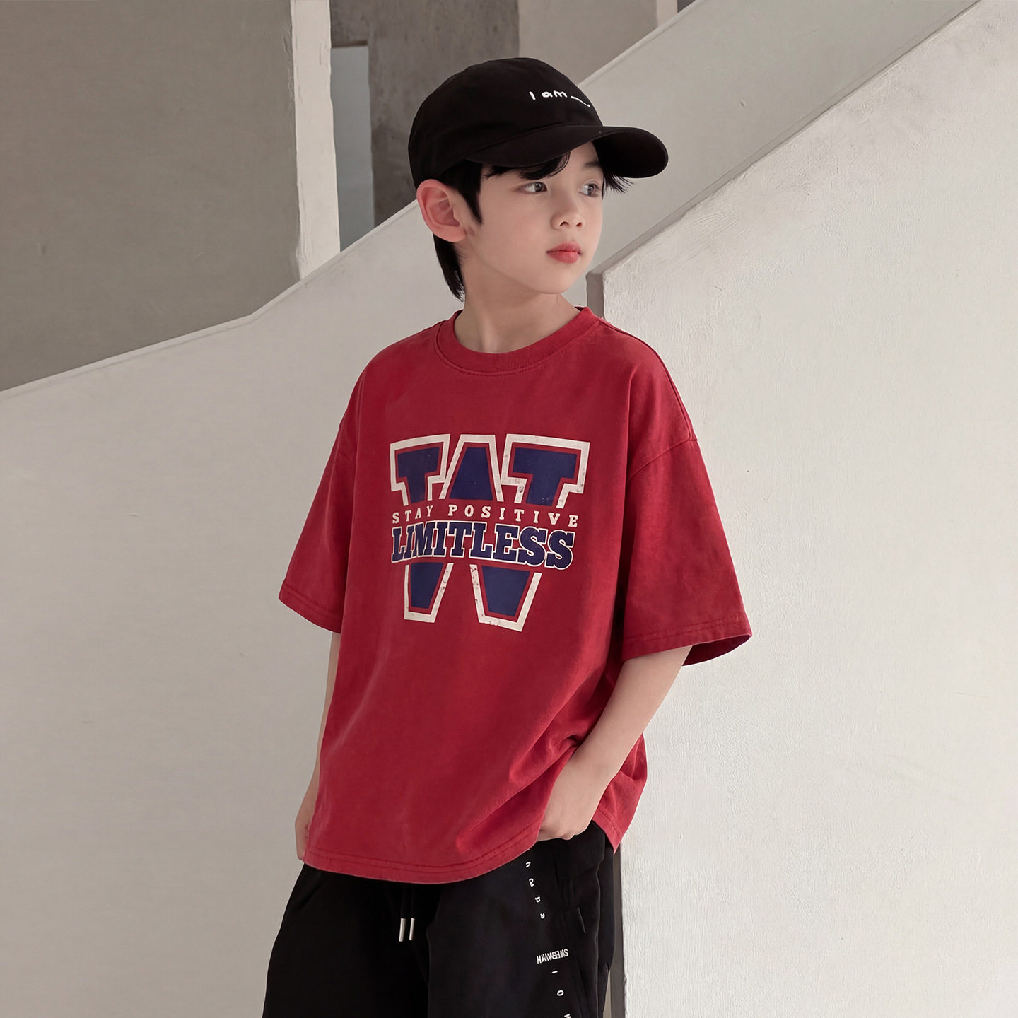 2026夏装波拉童装男童短袖t恤红色字母上衣夏季半袖Tee圆领打底衫
