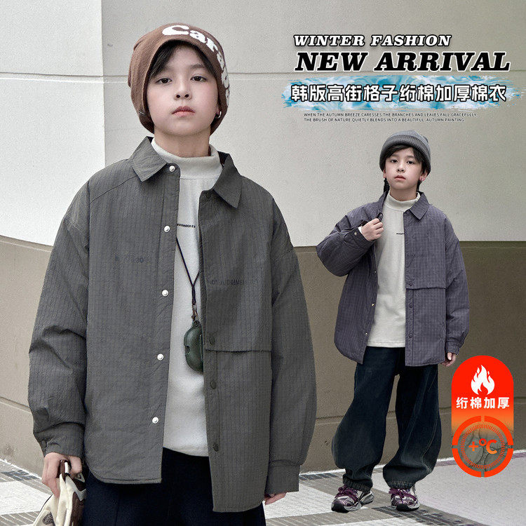 波拉童装男童长袖外套2025秋冬新款中大儿童加厚时尚休闲格子衬衫