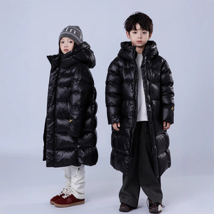 波拉童装儿童羽绒服新款韩版男童女童中大童黑金外套长款过膝加厚