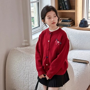 2025冬装波拉童装马年装女童红色毛衣纽扣开衫儿童新年过年本命年