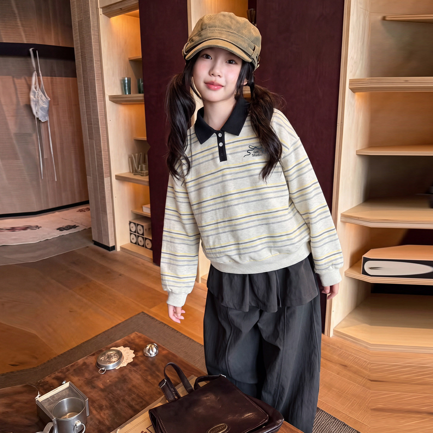 波拉童装女童秋季套装学院风2026秋装中大童polo领卫衣休闲裤两件