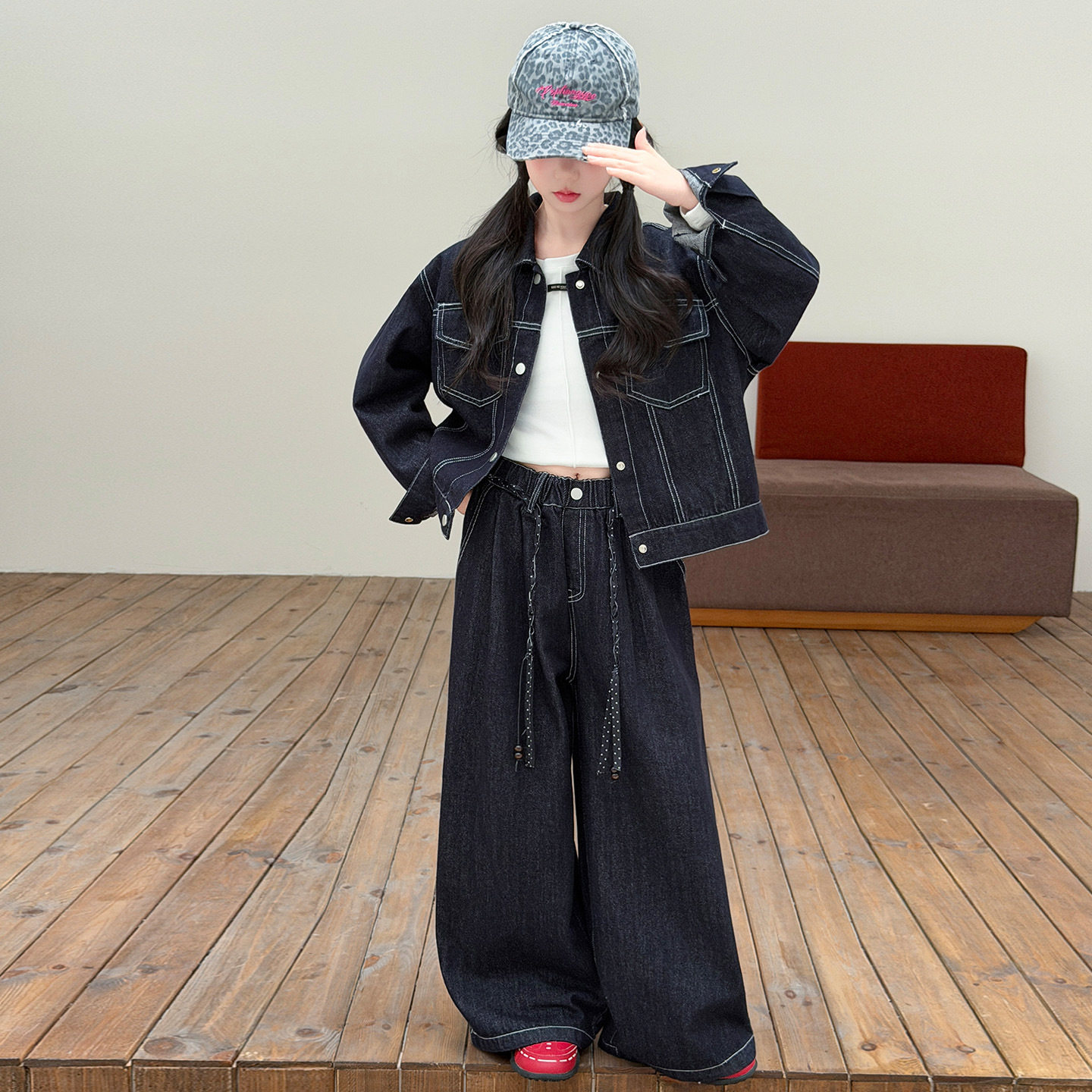 波拉童装女童牛仔套装秋装2026秋装女大儿童韩系外套阔腿裤两件套