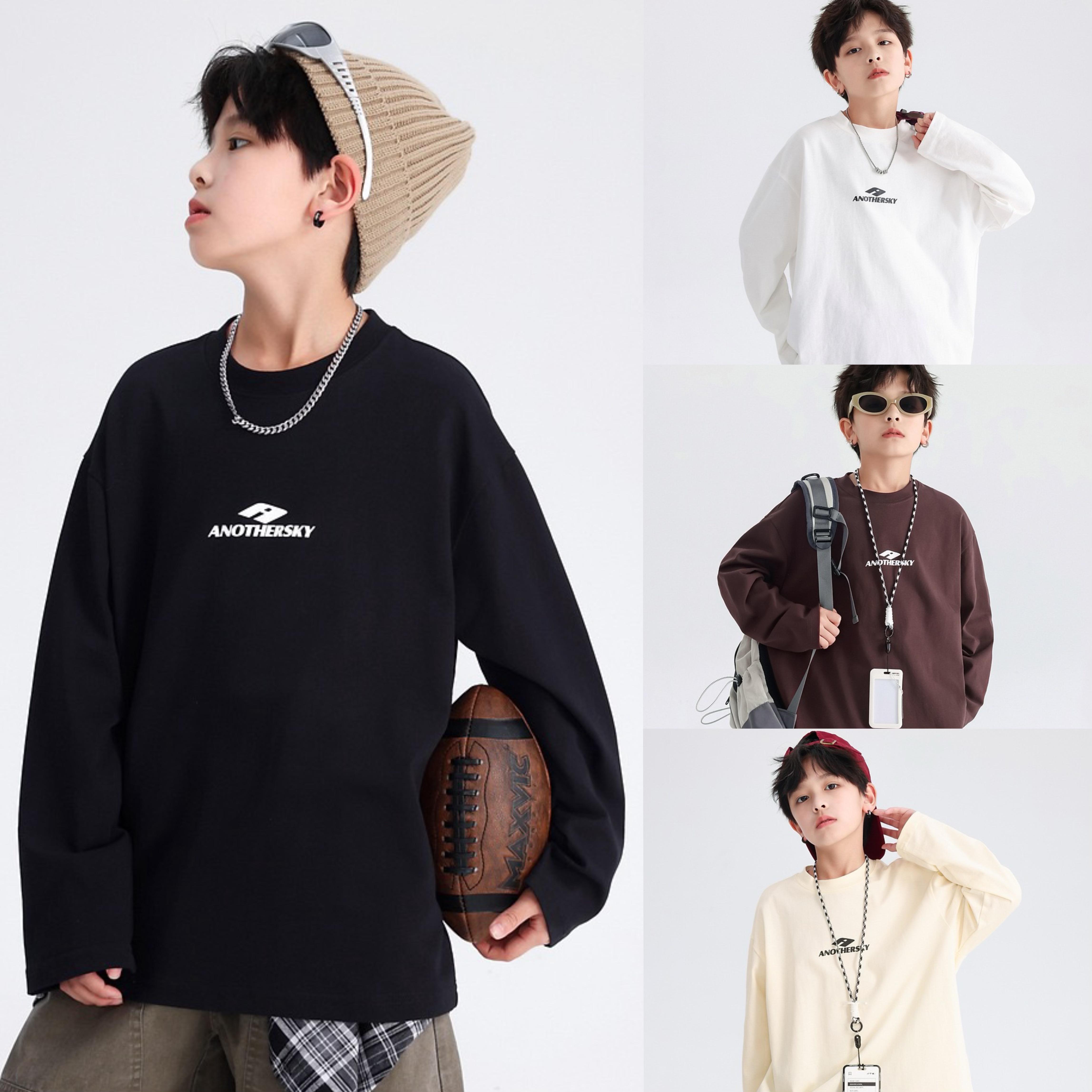 2026春装波拉童装男童纯棉Tee运动长袖白t恤儿童宽松打底衫上衣