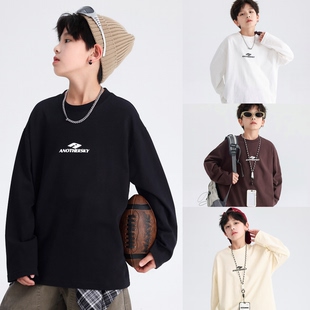 2026春装波拉童装男童纯棉Tee运动长袖白t恤儿童宽松打底衫上衣