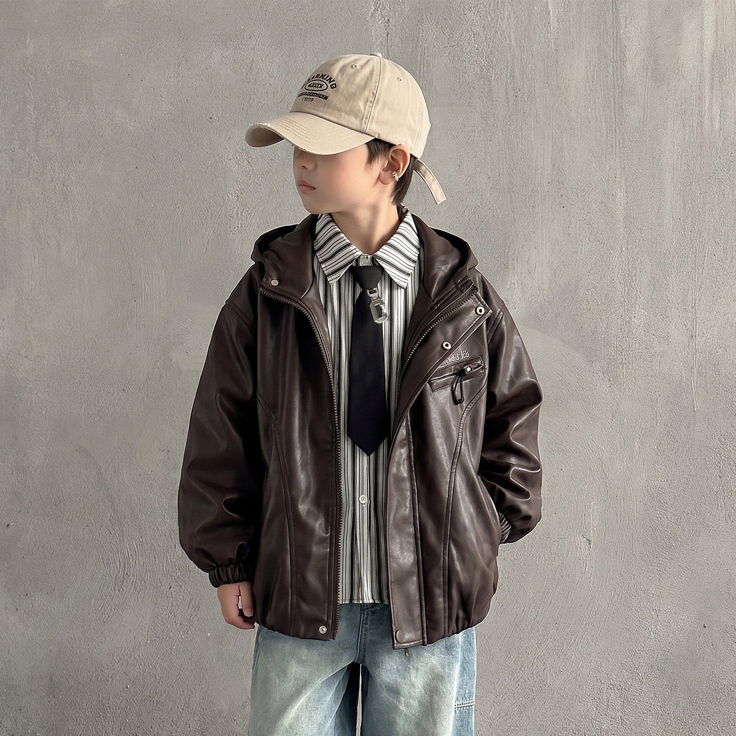 波拉童装童装男童皮衣外套2026秋装机车服男孩痞帅秋装连帽皮夹克