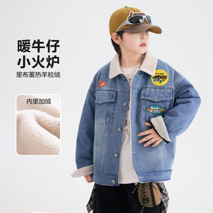 2025冬装波拉童装男女童中大童韩范翻领加绒牛仔衣机车夹克衫外套