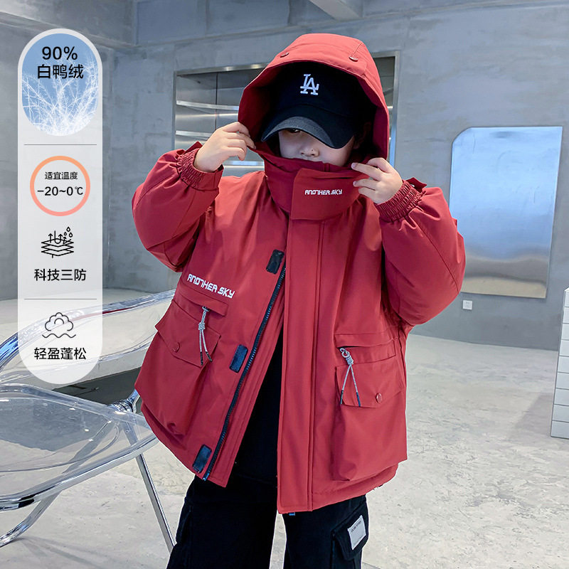 波拉童装男童加厚黑色羽绒服儿童工装连帽外套2025韩版中大童冬装