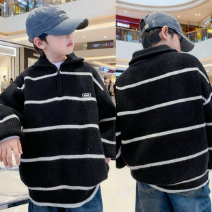 2025冬装波拉童装男女童中大童翻领毛衣半拉链保暖线衣条纹针织衫