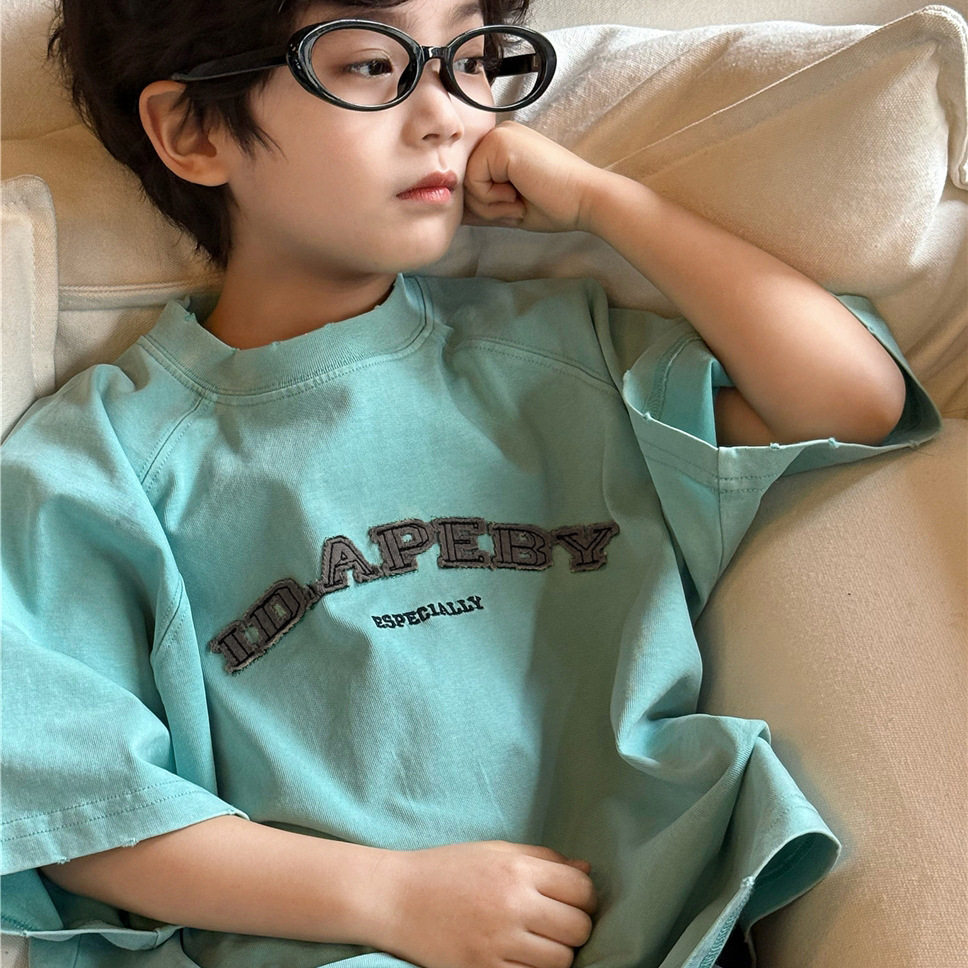 波拉童装2026春装春夏款儿童短袖炒色做旧磨破贴布男女童洋气潮款