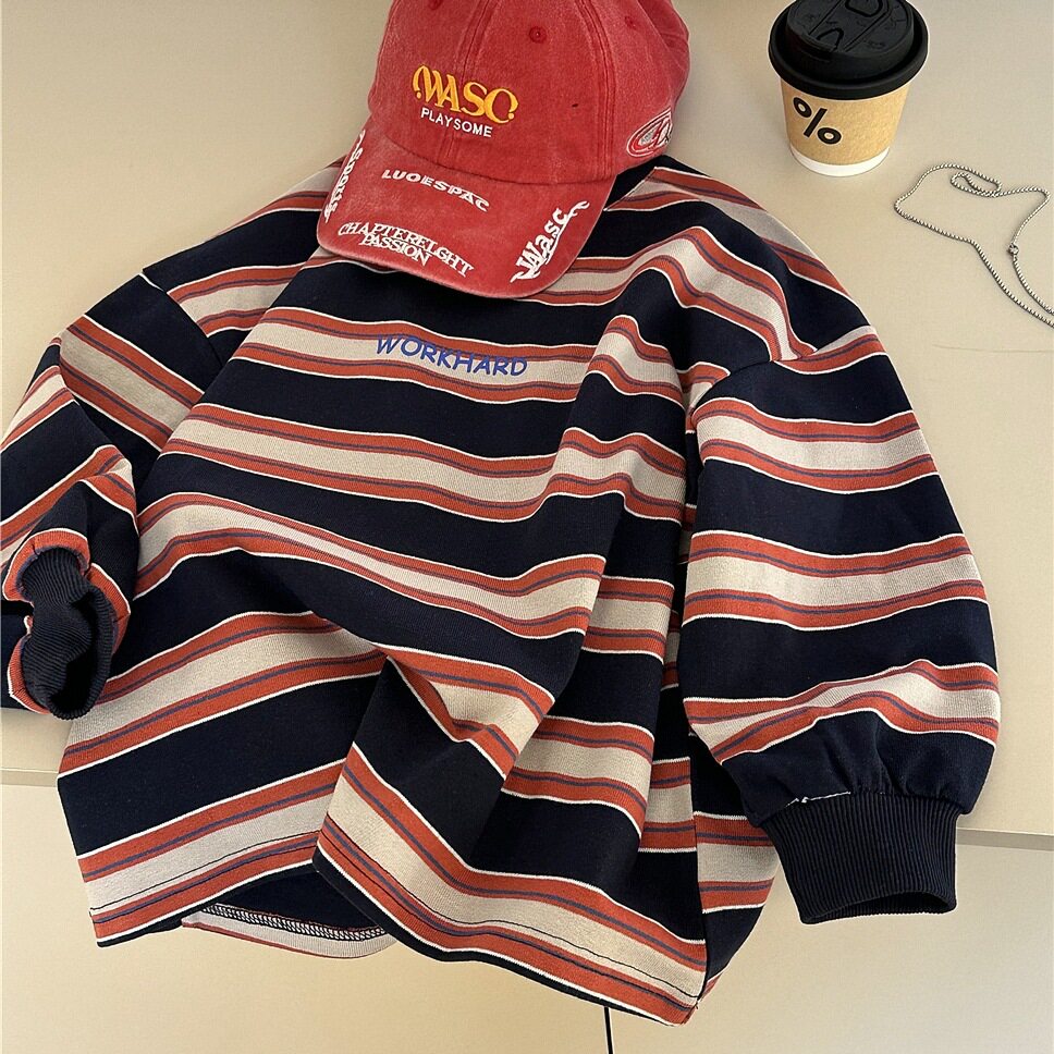 波拉童装2026春装春款男童长袖t恤儿童条纹打底衫超好看纯棉女童