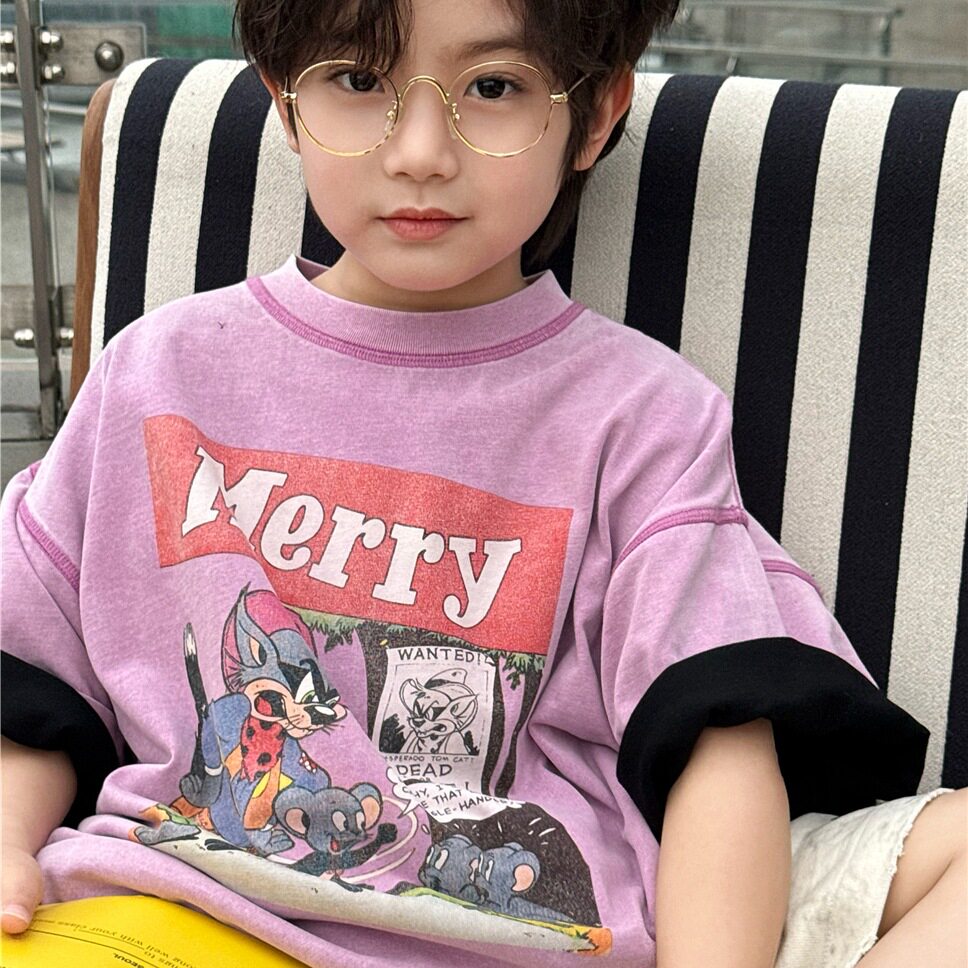 波拉童装2026春装春夏款童装儿童短袖merry数码炒色男女童洋气纯