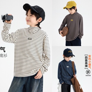 2025冬装波拉童装男女童半高领条纹发热德绒打底衫中领磨毛T恤衫