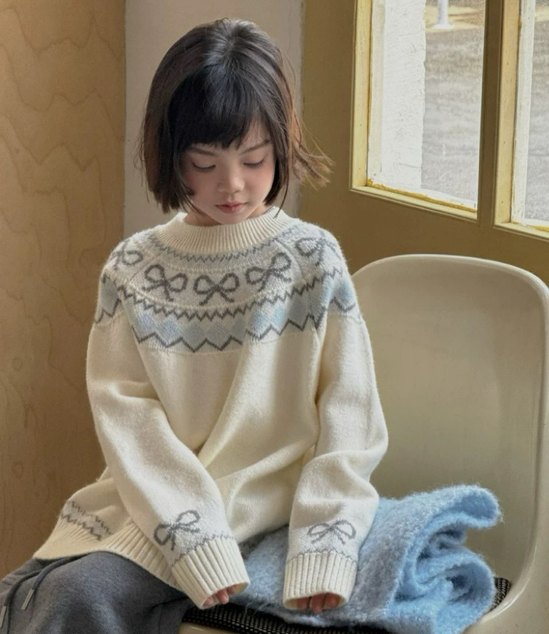 2025冬装波拉童装女童蝴蝶结毛衣保暖毛线衣女生学院毛衣针织衫
