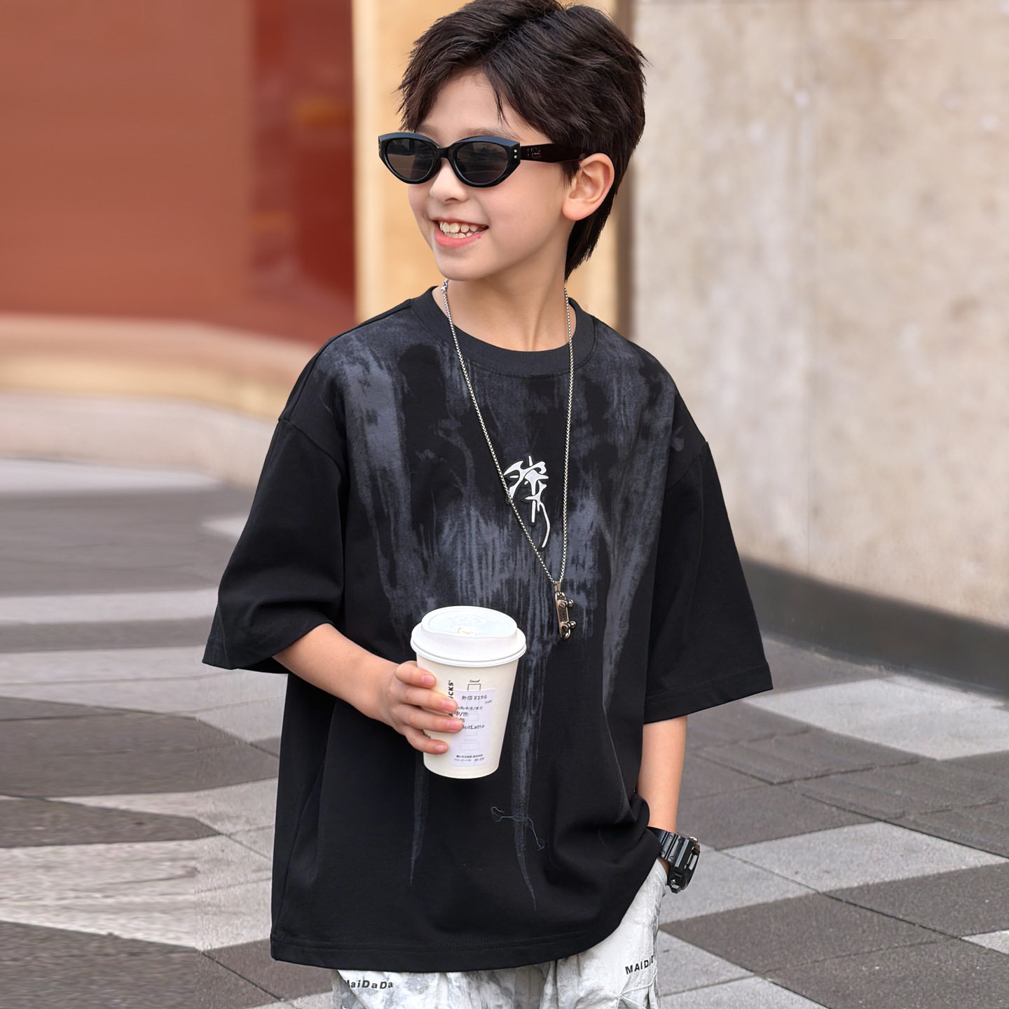 波拉童装男童薄款扎染T恤2026夏装夏季中大童韩版宽松个性潮t