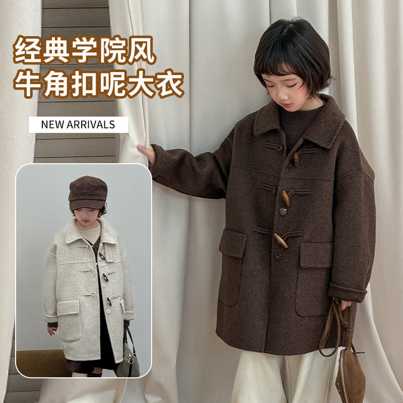 波拉童装秋冬儿童双面羊毛大衣中长款女童男中大童牛角扣羊毛呢子