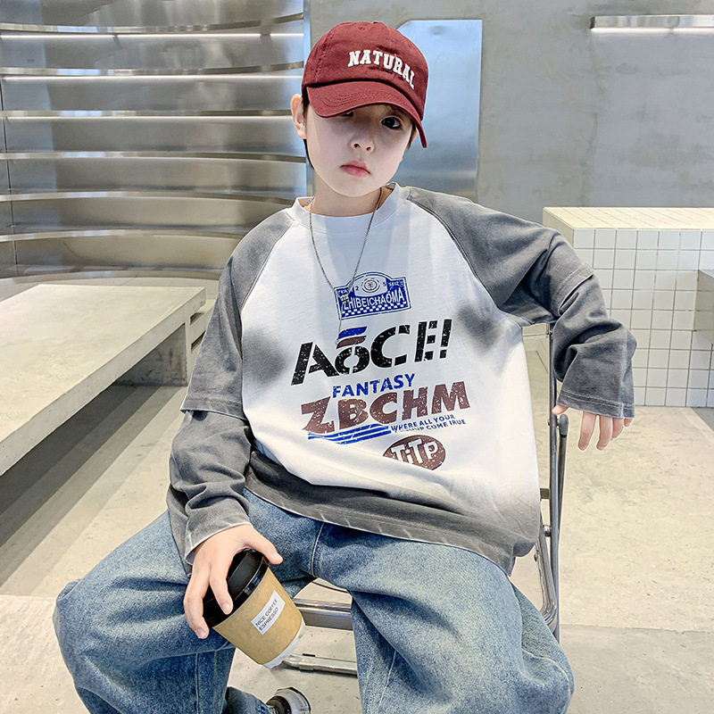 波拉童装男童T恤春秋薄款休闲长袖2025中大童韩版打底衫卫衣帅气t